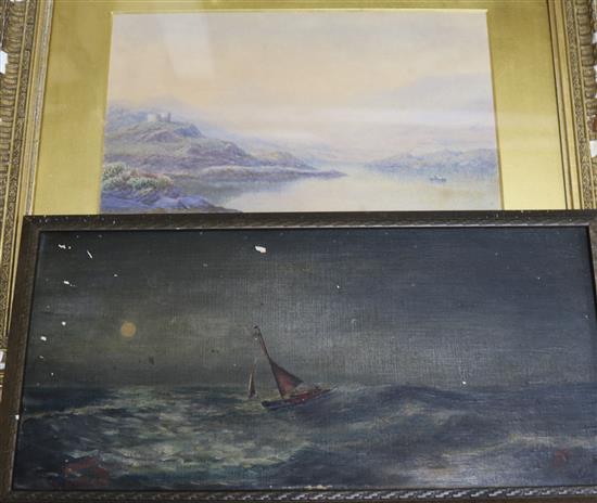 Albert Hartland, watercolour, lake scene and a small oil of fishing boat by another hand, 17 x 25cm and 15 x 33cm